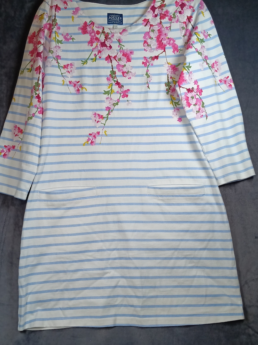 Joules Cream & Light Blue Striped Dress with Pink Floral Motif With Pockets!